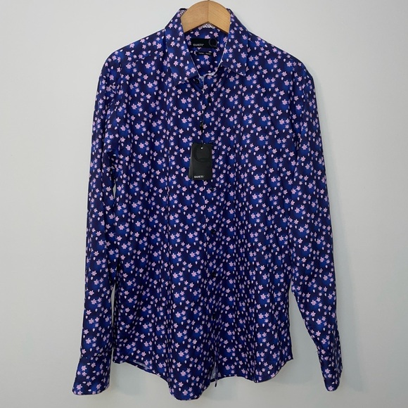 NWT Quieti Button-Down Floral Shirt Medium Blue Pink Date Night - Picture 1 of 12